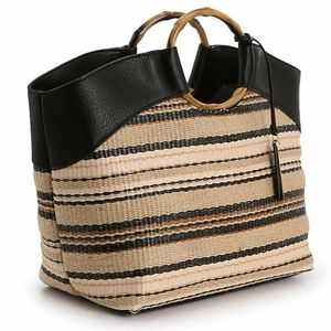 Woven & Faux Leather Satchel - Black/Beige